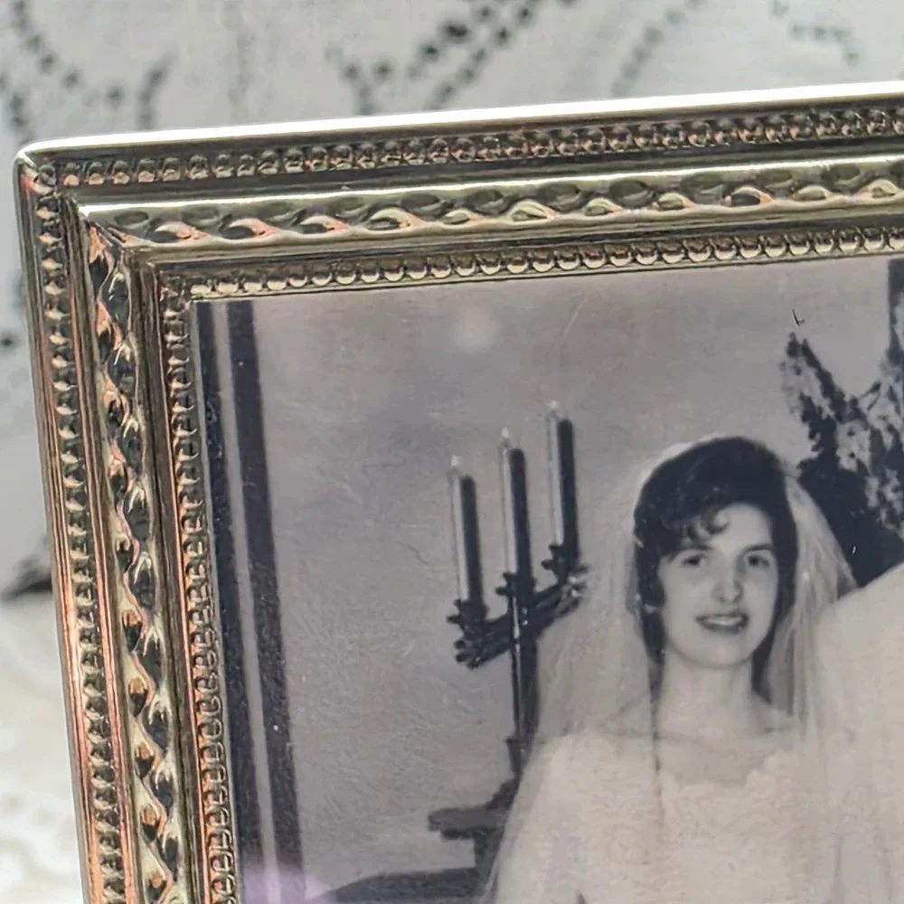 Vintage Miniature Wedding Picture Photo Framed 3x4 Gold Ornate Metal